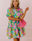 Women Floral Puff Sleeve Buttoned Babydoll Dress