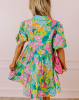 Women Floral Puff Sleeve Buttoned Babydoll Dress