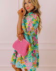 Women Floral Puff Sleeve Buttoned Babydoll Dress