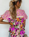 Women's Bubble Sleeve Lace Trim Floral Mixed Blouse