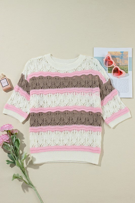 Women&#39;s Stripe Color Block Half Sleeve Sweater