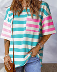 Women's Stripe Contrast Patch Drop Sleeve T Shirt