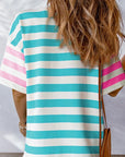 Women's Stripe Contrast Patch Drop Sleeve T Shirt