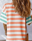 Women's Stripe Contrast Patch Drop Sleeve T Shirt