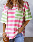 Women's Stripe Contrast Patch Drop Sleeve T Shirt