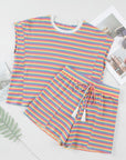 Women's Stripe Crew Neck Tee Drawstring Shorts Set