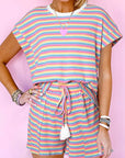 Women's Stripe Crew Neck Tee Drawstring Shorts Set