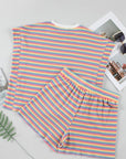 Women's Stripe Crew Neck Tee Drawstring Shorts Set