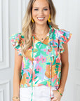 Women's Ruffle Tie Split Neck Summer Floral Blouse