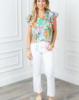 Women's Ruffle Tie Split Neck Summer Floral Blouse