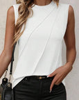 Women's White Crew Neck Pleated Tank Top