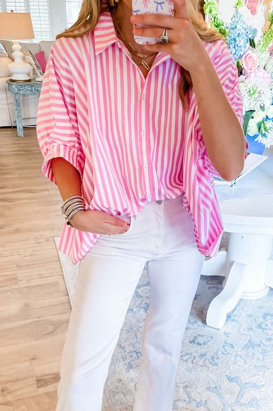 Women&#39;s Stripe Dolman Sleeve Oversize Shirt