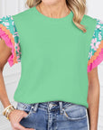 Women Contrast Ricrac Floral Sleeve Top