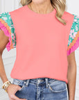 Women Contrast Ricrac Floral Sleeve Top