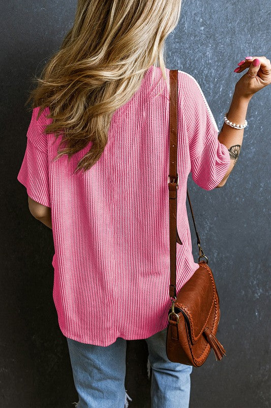 Rose Color Block Patch Pocket Corded V Neck Tee