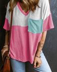 Rose Color Block Patch Pocket Corded V Neck Tee