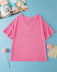 Rose Color Block Patch Pocket Corded V Neck Tee