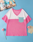 Rose Color Block Patch Pocket Corded V Neck Tee