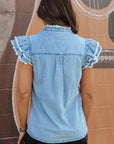 Women Ruffled Flutter Frayed Denim Top