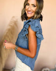 Women Ruffled Flutter Frayed Denim Top