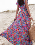 Women Floral Print V Neck Wrap Split Maxi Dress