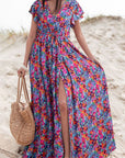 Women Floral Print V Neck Wrap Split Maxi Dress