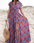 Women Floral Print V Neck Wrap Split Maxi Dress