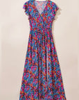 Women Floral Print V Neck Wrap Split Maxi Dress