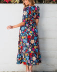 Women Retro Floral Printed Split Neck Maxi Dress