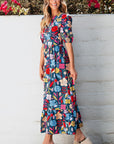 Women Retro Floral Printed Split Neck Maxi Dress