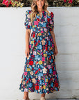 Women Retro Floral Printed Split Neck Maxi Dress