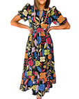 Women Retro Floral Printed Split Neck Maxi Dress