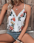 Women Floral Print Lace V Neck Tank Top