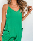 Women Sleeveless Pocketed V Neck Jersey Romper