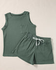 Knit Patched Pocket Tank and Drawstring Shorts Set