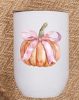 Fall Harvest Pumpkin Pink Bow Wine Cup Tumbler