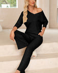 Women Ribbed Knit V Neck Slouchy Two-piece Outfit