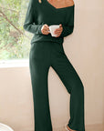 Women Ribbed Knit V Neck Slouchy Two-piece Outfit