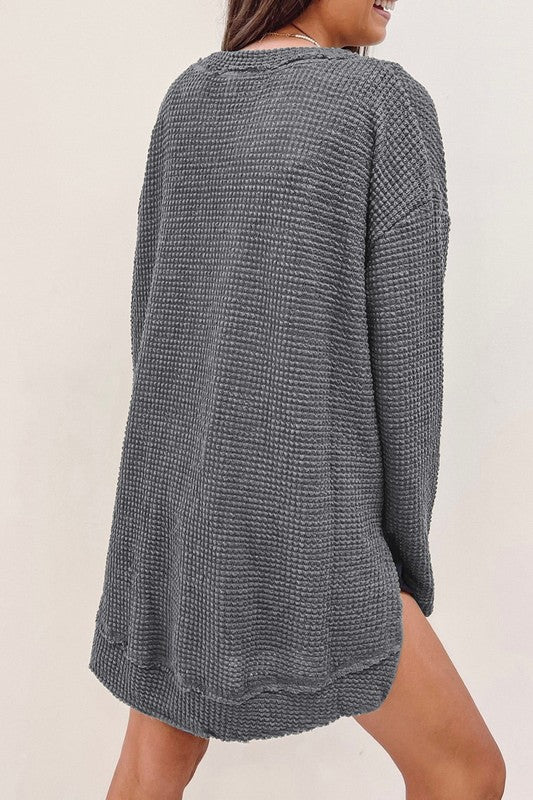 Women Waffle Knit High Slits Oversized Top