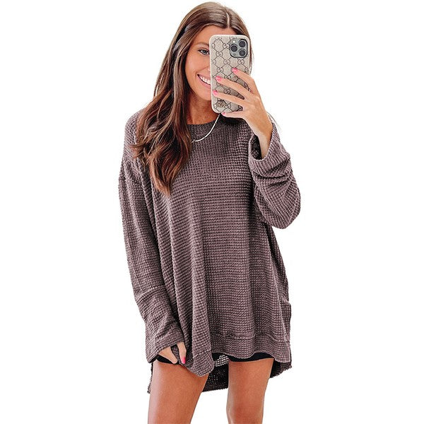 Women Waffle Knit High Slits Oversized Top