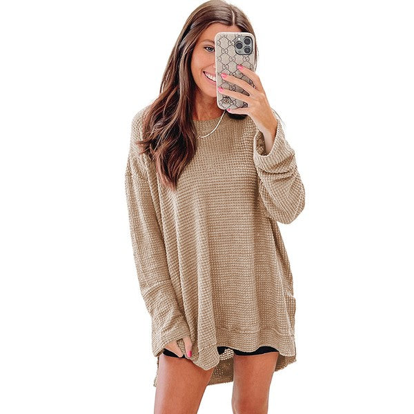 Women Waffle Knit High Slits Oversized Top