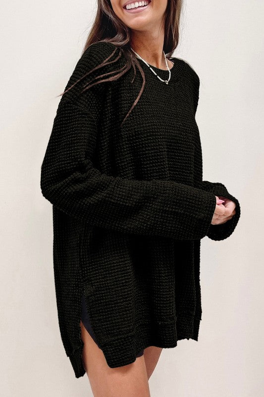 Women Waffle Knit High Slits Oversized Top