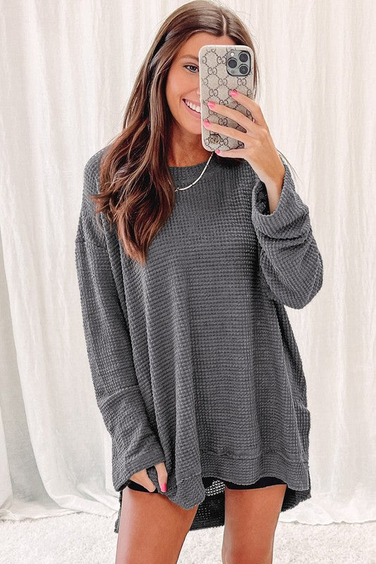 Women Waffle Knit High Slits Oversized Top