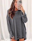 Women Waffle Knit High Slits Oversized Top