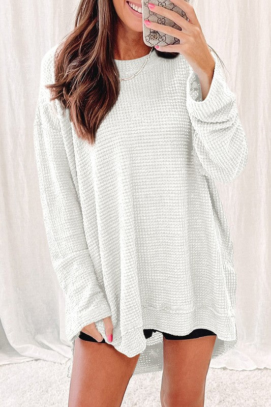 Women Waffle Knit High Slits Oversized Top