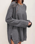 Women Waffle Knit High Slits Oversized Top