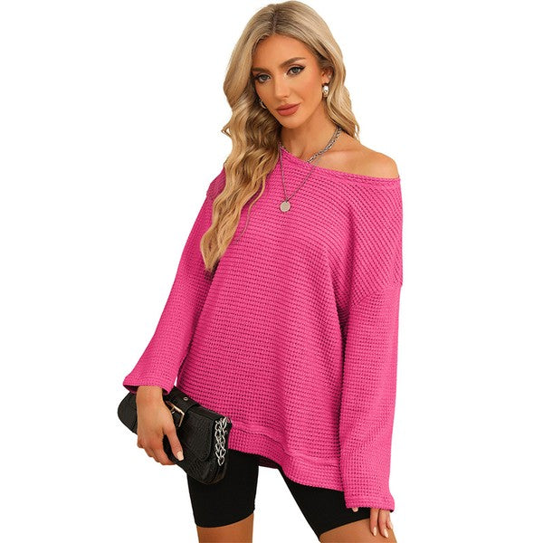 Women Waffle Knit High Slits Oversized Top