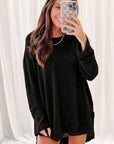 Women Waffle Knit High Slits Oversized Top