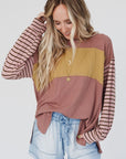 Green Colorblock Striped Bishop Sleeve Top