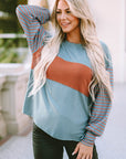 Green Colorblock Striped Bishop Sleeve Top